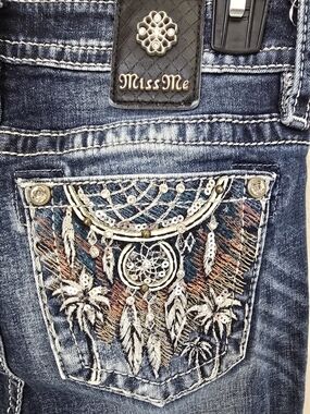 Miss Me Embellished Dreamcatcher Pocket Jeans - Blue